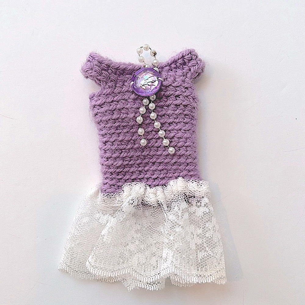 Vintage handmade lavender crochet and white lace Barbie dress with jewel trim